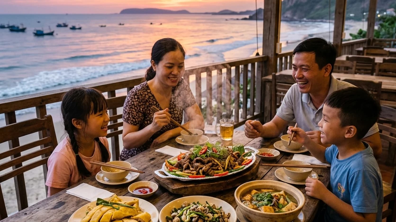 Bàn ăn gia đình ấm cúng tại nhà hàng Đại Hương Biển Thiên Cầm với các món thịt gà đồi cỏ, dê núi xào, hến xào xúc bánh đa lúc hoàng hôn