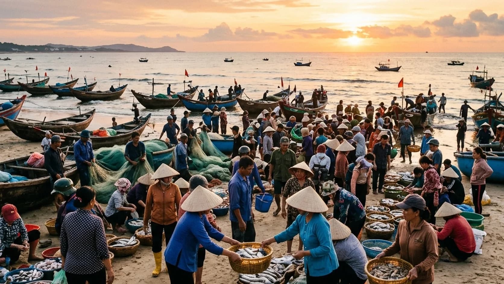 Cảnh nhộn nhịp họp chợ cá sớm Gò Cẩm Nhượng lúc bình minh với nhiều thuyền chài đậu bên bờ biển