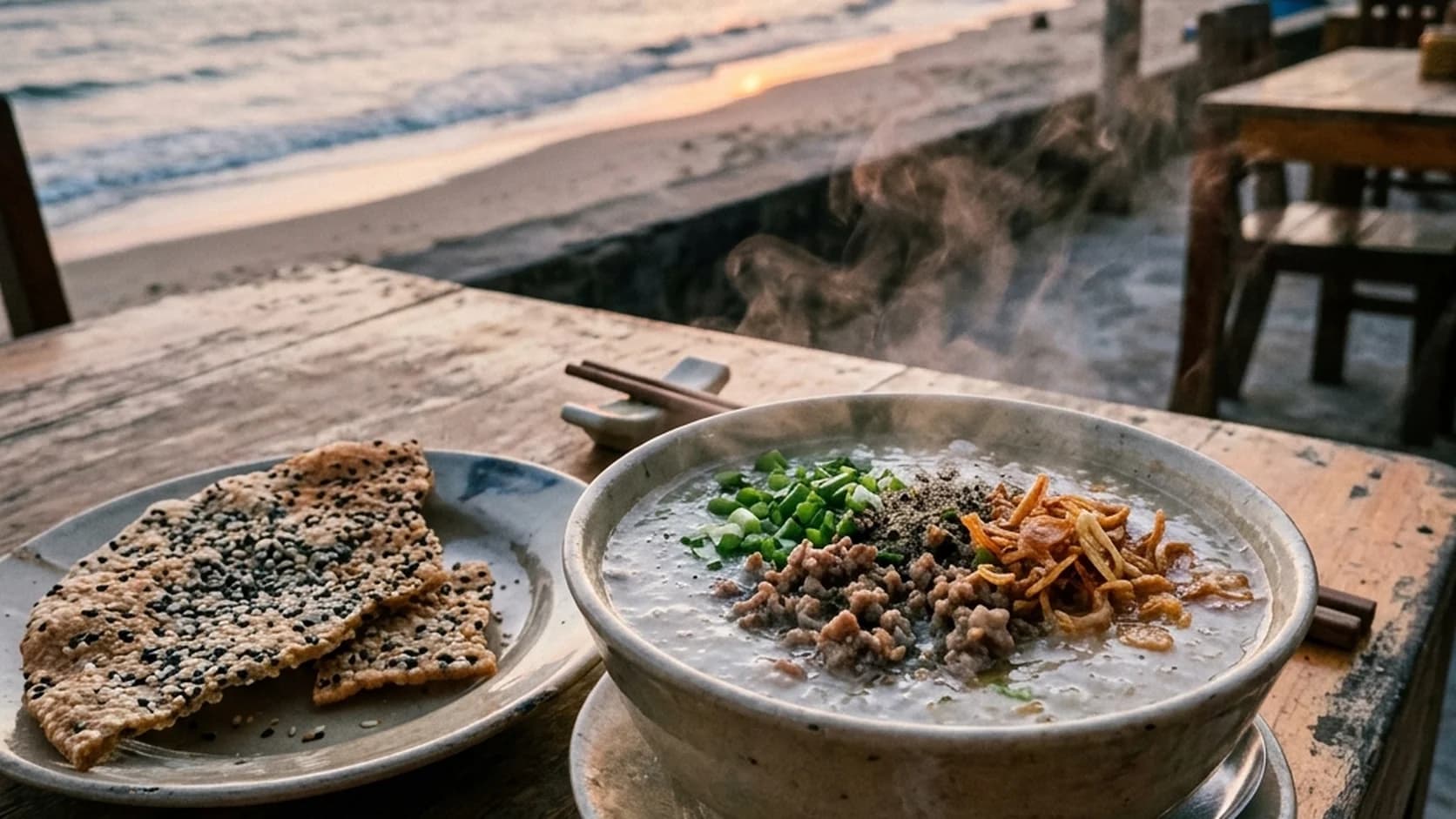 Tô cháo chim cu kỳ nóng hổi nghi ngút khói đặt cạnh đĩa bánh đa vừng đen ven kè biển Thiên Cầm lúc hoàng hôn