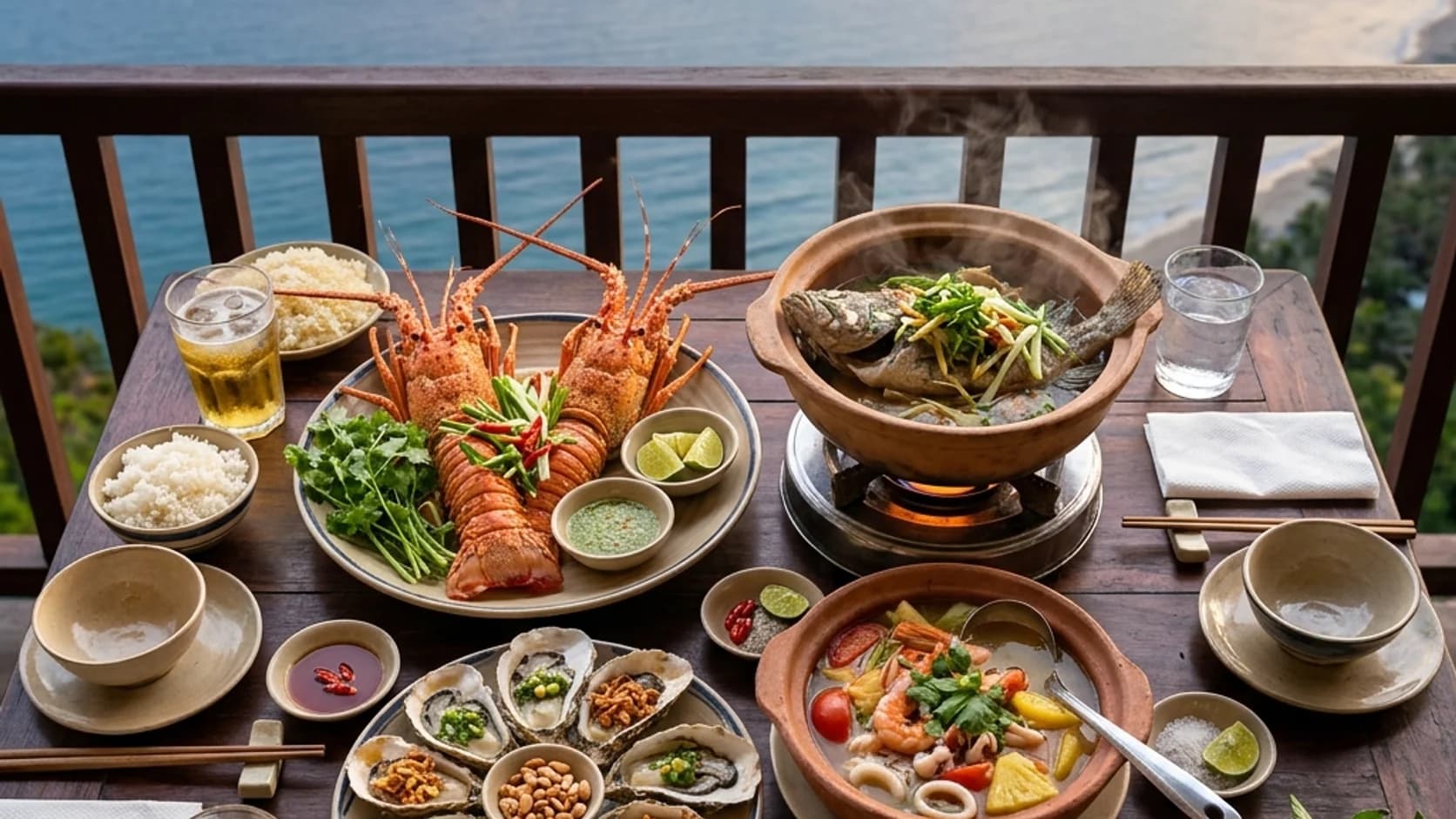 Bàn tiệc đại tiệc hải sản cao cấp với tôm hùm và cá mú hấp tại Đại Hương Biển Thiên Cầm