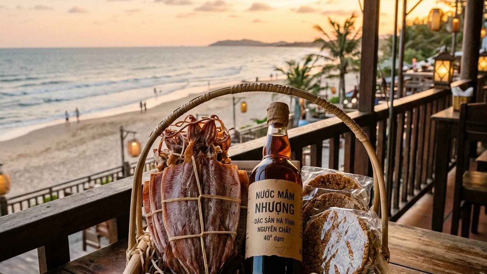 Giỏ quà đặc sản Thiên Cầm gồm mực khô, nước mắm Nhượng và kẹo cu đơ vừng đen đặt trên bàn gỗ hướng biển lúc hoàng hôn