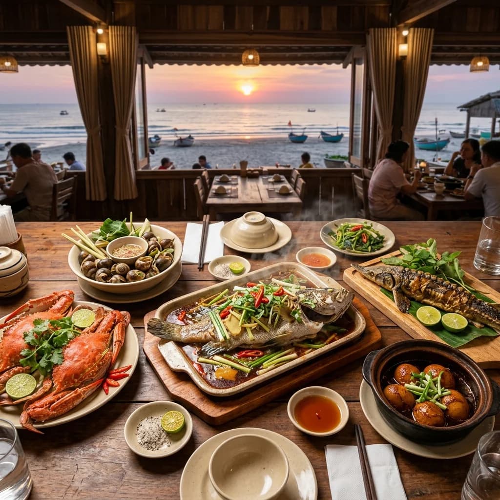 Bàn tiệc đoàn cao cấp với cá mú hấp xì dầu và các món hải sản tại Đại Hương Biển Thiên Cầm