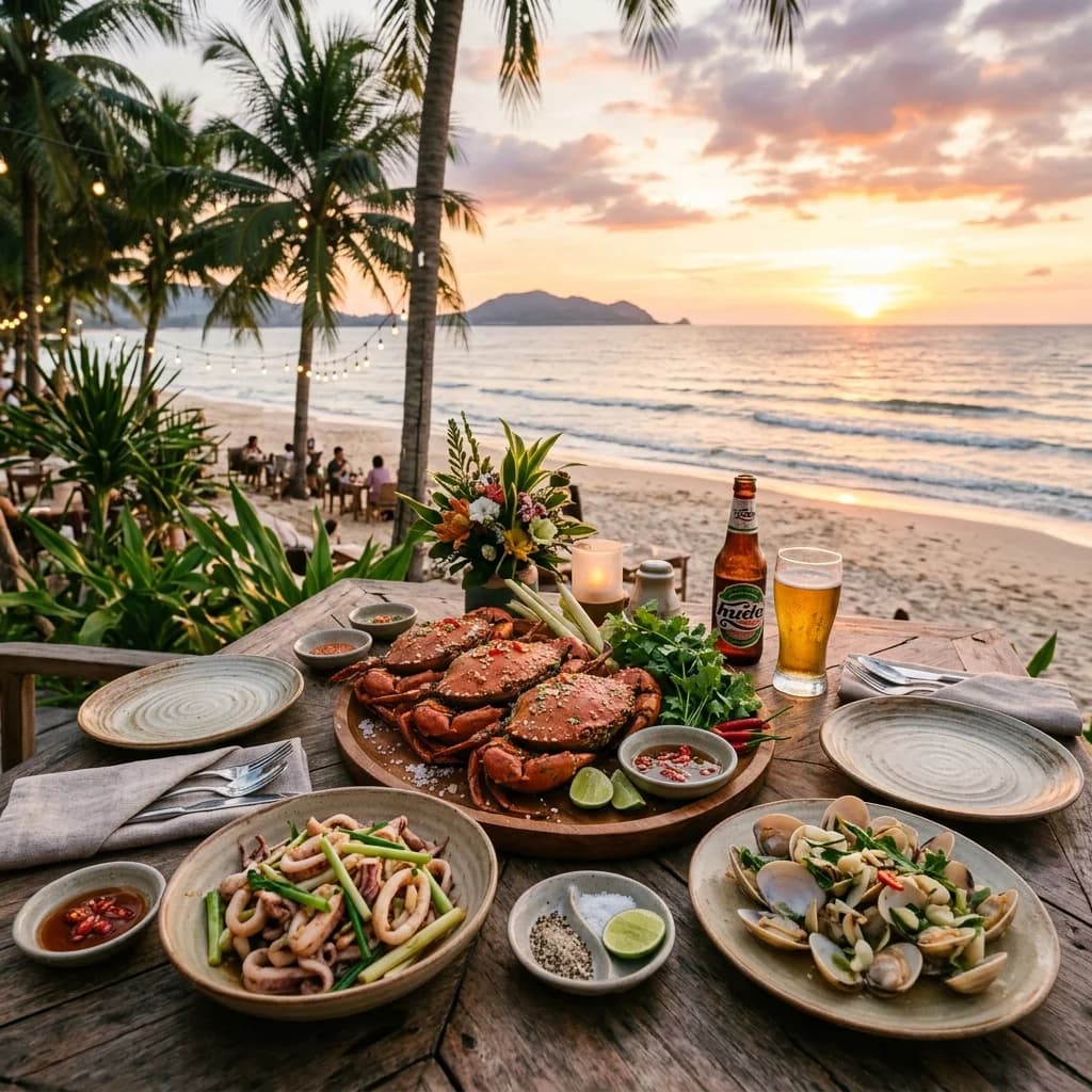 Không gian bàn tiệc hải sản tươi ngon view biển Thiên Cầm lúc hoàng hôn