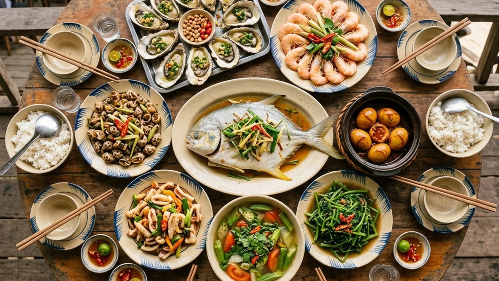 Bàn tiệc đoàn với các đĩa hải sản hấp và nướng tại nhà hàng ven biển Thiên Cầm