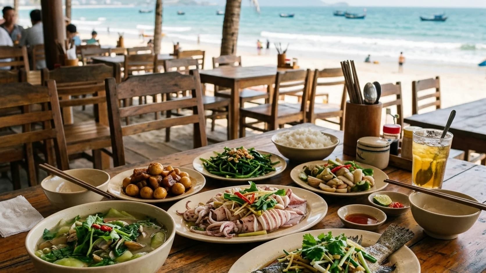 Bàn tiệc đoàn bình dân với cá chim hấp và các món hải sản tại Đại Hương Biển Thiên Cầm
