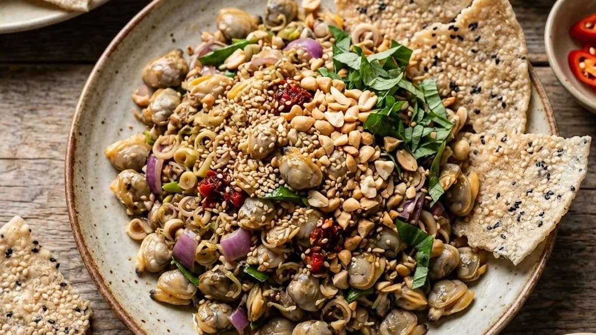 Đĩa hến sông La xào thơm ngon ăn kèm bánh đa vừng đen Hà Tĩnh giòn rụm