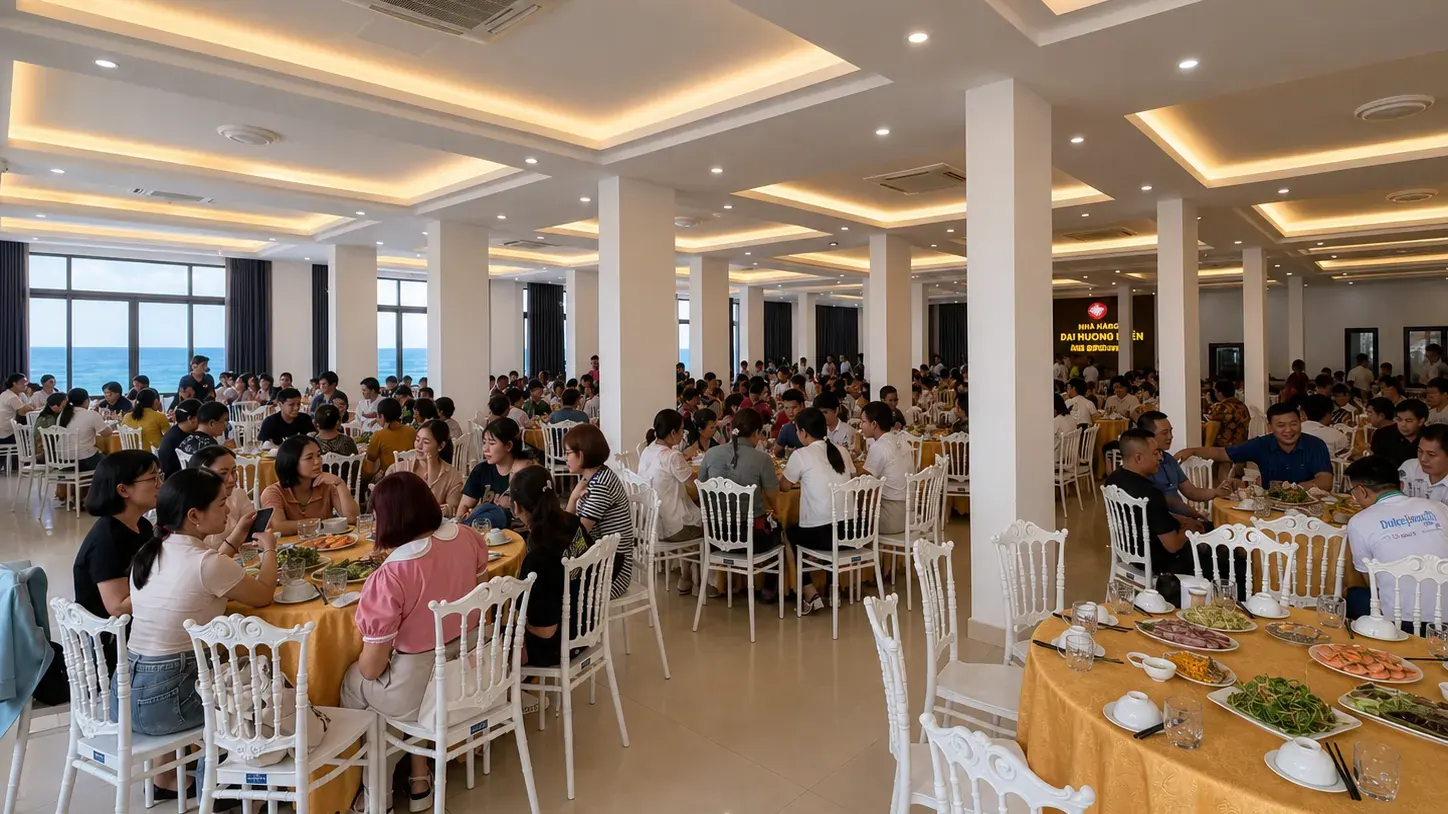Sảnh tiệc trong nhà tại nhà hàng phục vụ hội khóa và họp lớp ấm cúng