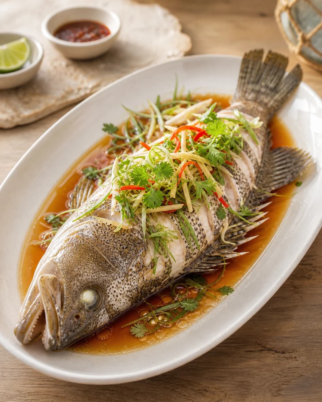 Món cá mú hấp xì dầu nguyên con thơm ngon giữ nguyên vị ngọt tự nhiên của hải sản tươi sống