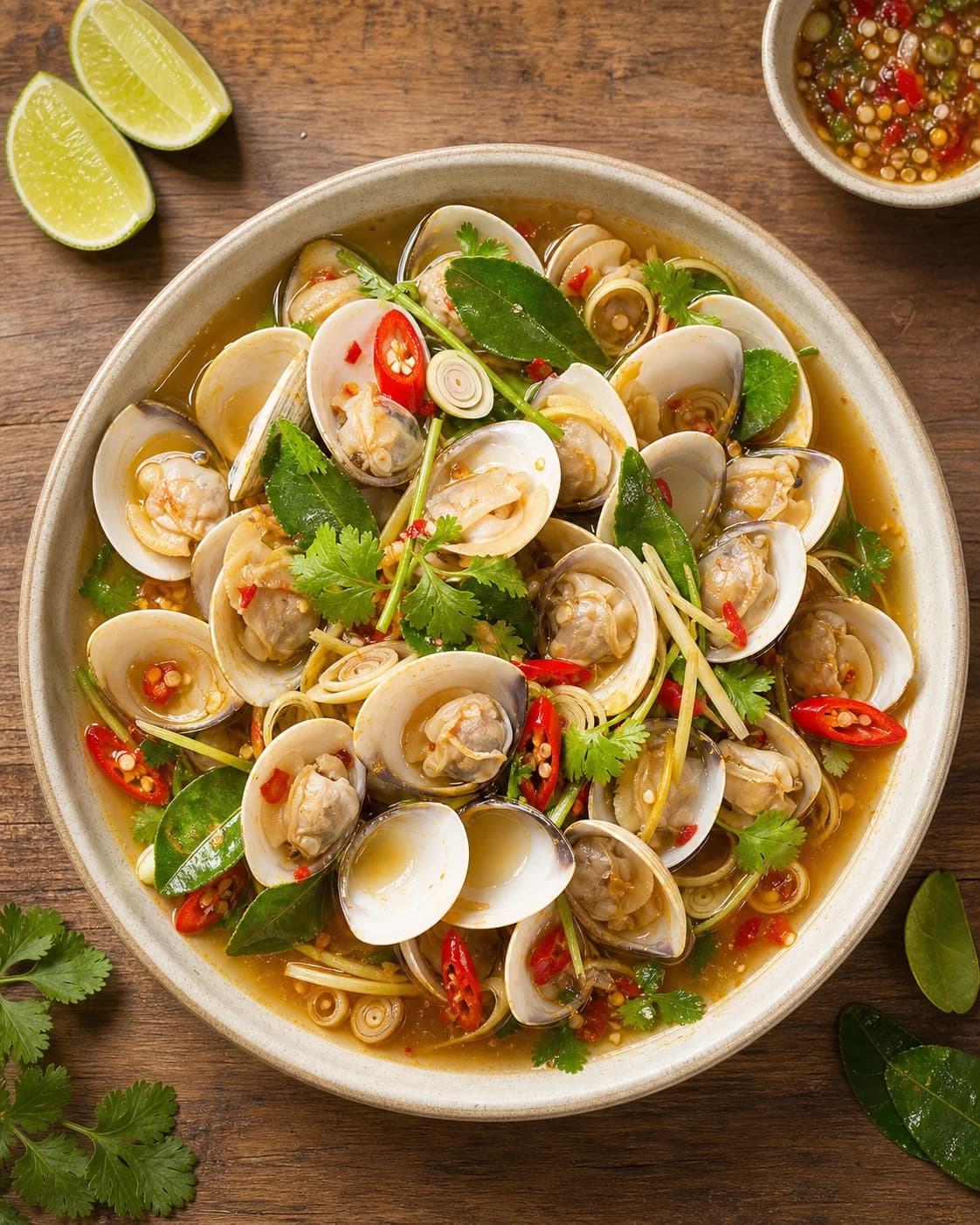 Đĩa ngao hấp Thái với sả, lá chanh và ớt trong nước dùng ngọt tự nhiên